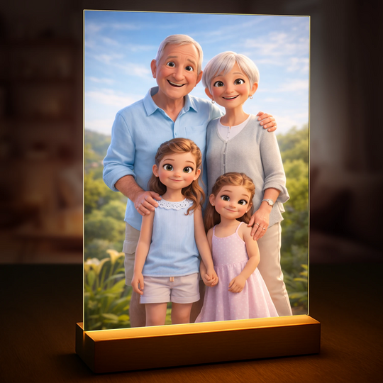Babcia i dziadek z wnukami w bajkowym stylu - druk na szkle, portret z Twojego zdjęcia