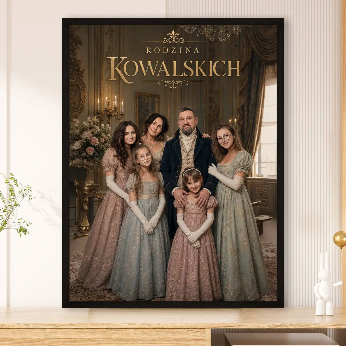 Image of Personalizowany plakat rodzinny w królewskim stylu ze zdjęcia z nazwiskiem rodziny i elegancką arystokratyczną aranżacją.