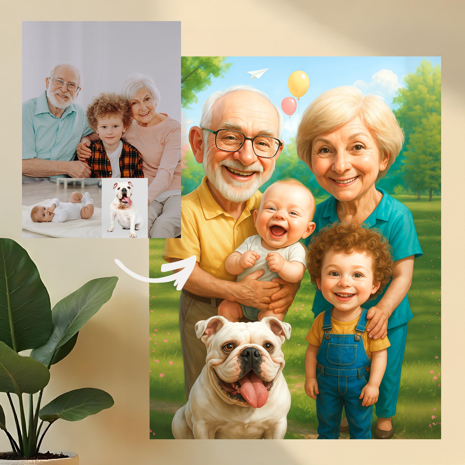 Ilustracja dziadków z wnukami - obraz na płótnie z Twojego zdjęcia