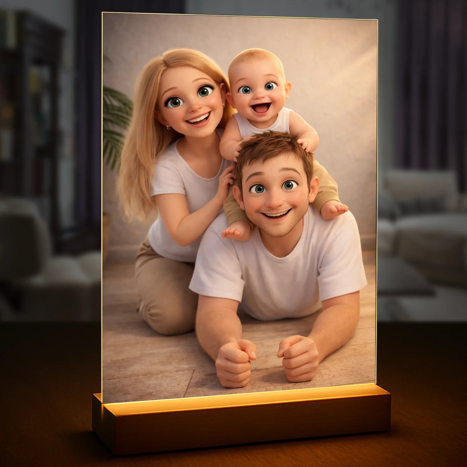 Image of Portret rodziny na szkle akrylowym w stylu bajkowej ilustracji, mama, tata i dziecko, personalizowany druk ze zdjęcia, prezent dla rodziny