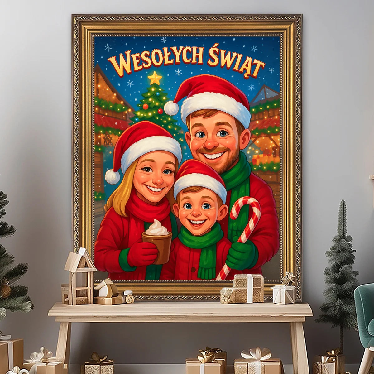 Image of Świąteczna ilustracja rodziny - obraz na płótnie z Twojego zdjęcia