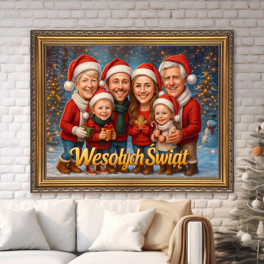 Świąteczna ilustracja całej rodziny - obraz na płótnie z Twojego zdjęcia