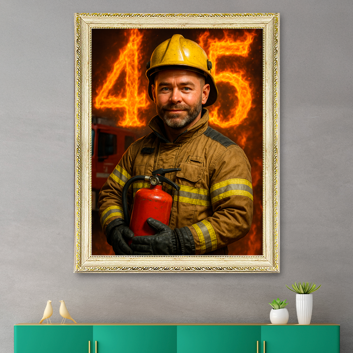 Portret na 45 urodziny strażaka - obraz na płótnie z Twojego zdjęcia