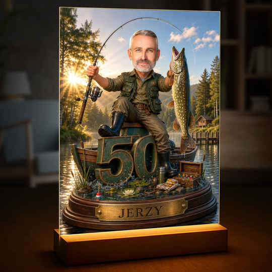 Prezent dla niego na 50 urodziny – portret na szkle ze zdjęcia 50. wędkarza