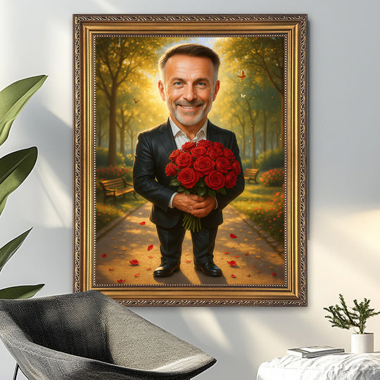 Mężczyzna z bukietem kwiatów - obraz na płótnie z Twojego zdjęcia