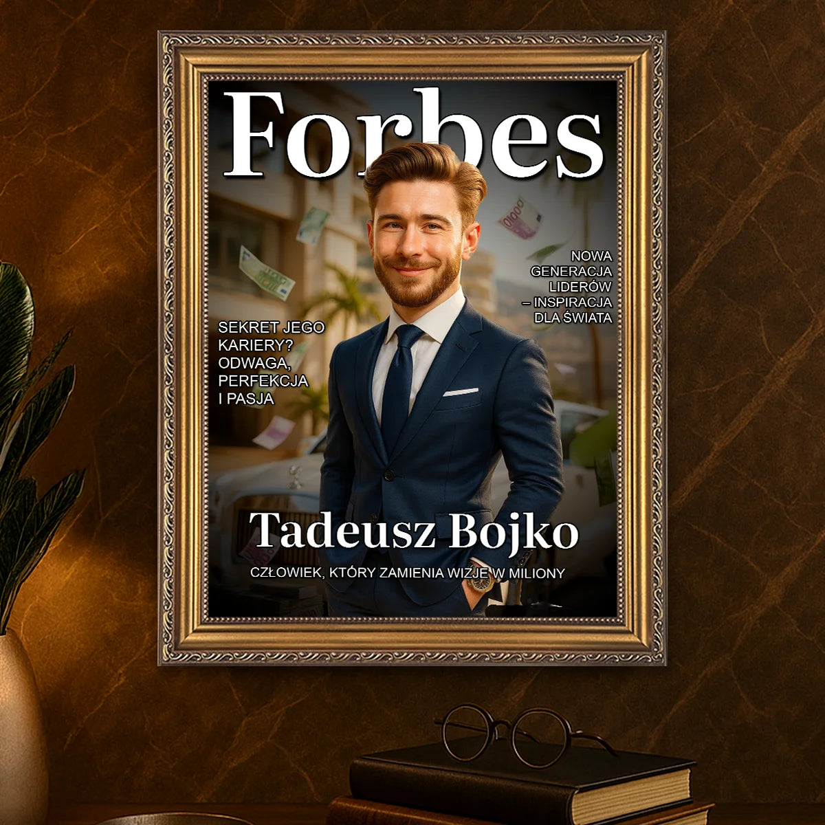 Image of Portret na płótnie w stylu okładki magazynu Forbes ze zdjęcia – personalizowany obraz, prestiżowy prezent dla niej lub dla niego.