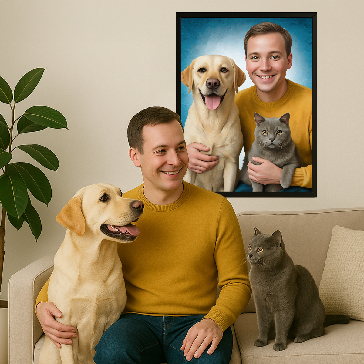 Portret z ukochanymi zwierzakami - obraz na płótnie z Twojego zdjęcia