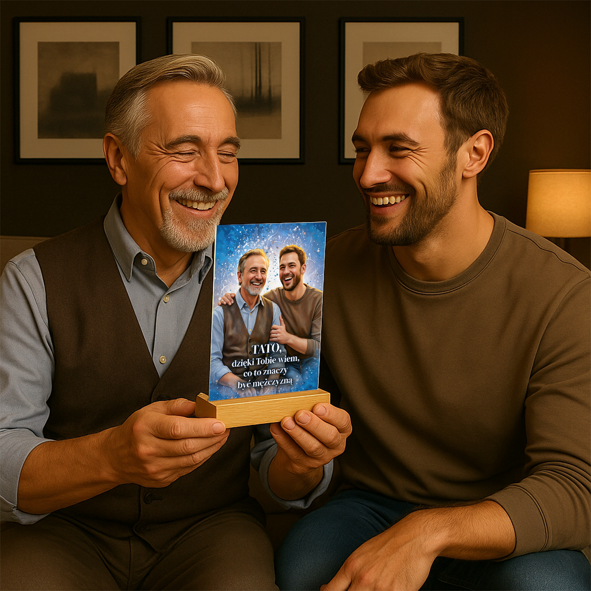 Portret ojca i syna + tekst - druk na szkle, portret z Twojego zdjęcia