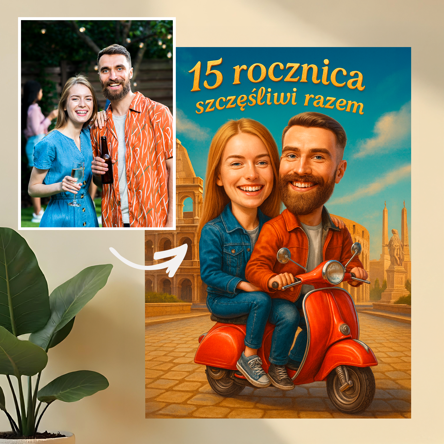 Karykatura na 15 rocznicę - druk na szkle, portret z Twojego zdjęcia