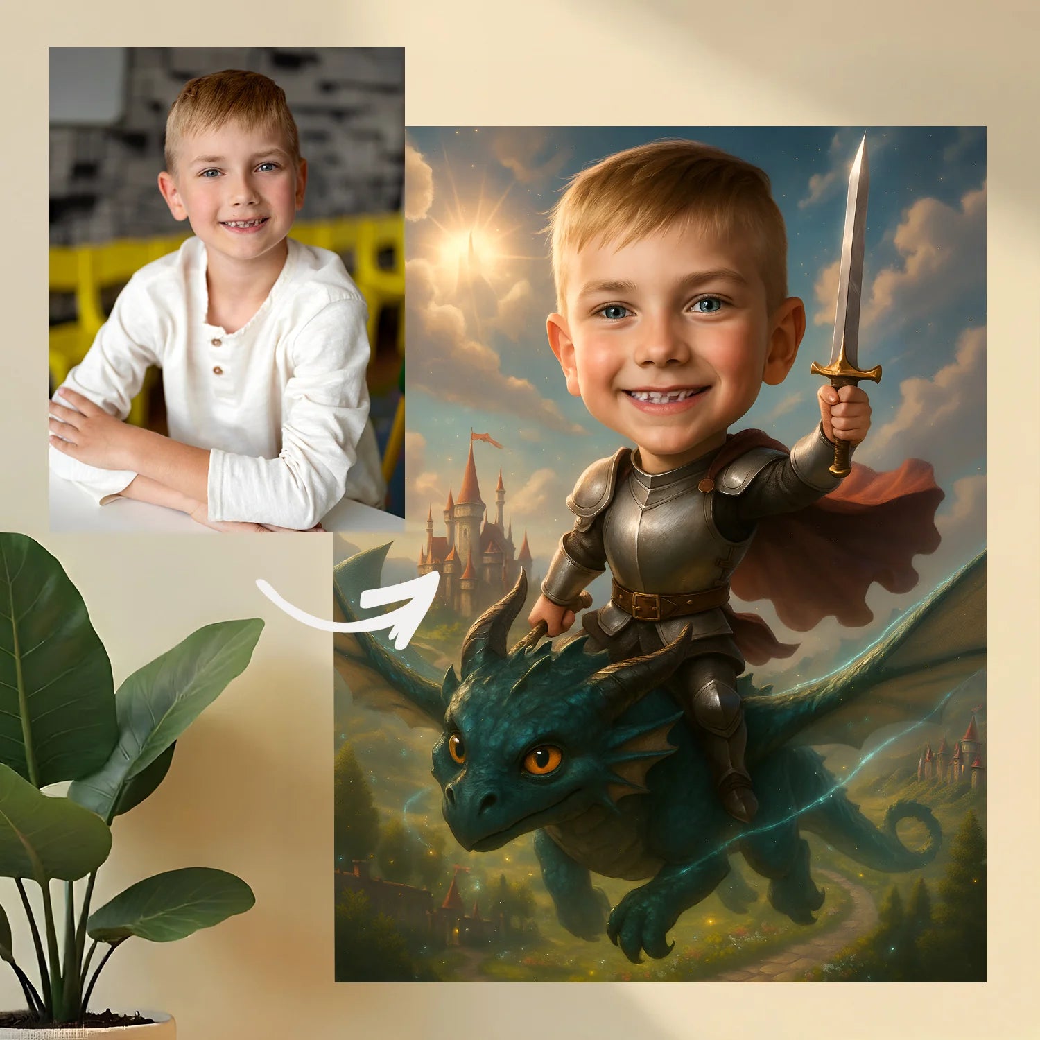 Portret chłopca na smoku - obraz na płótnie z Twojego zdjęcia