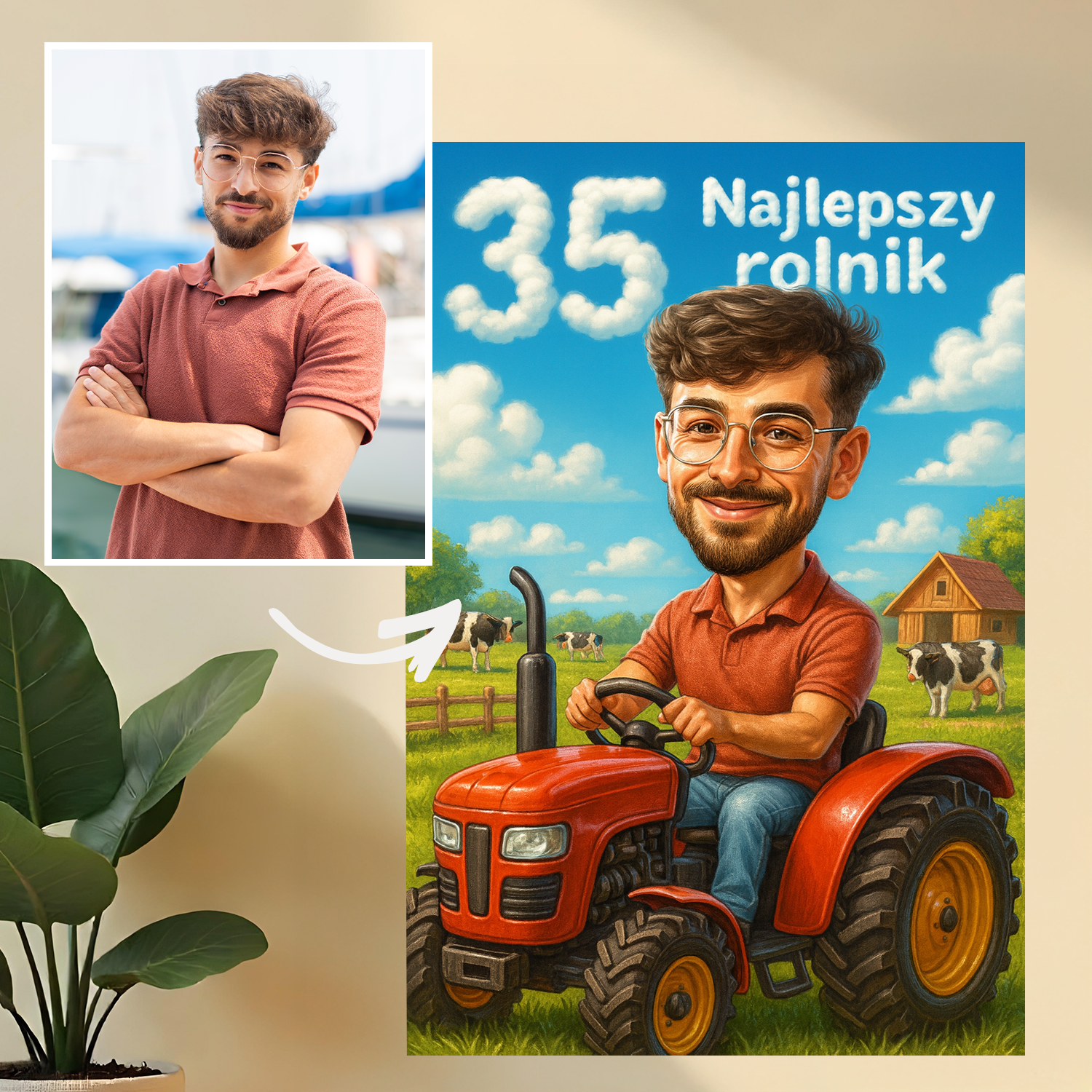 Karykatura na 35 urodziny rolnika - druk na szkle, portret z Twojego zdjęcia