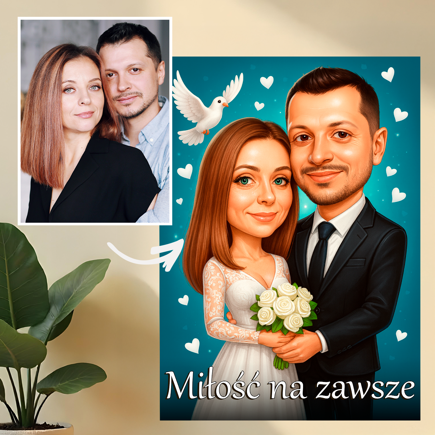 Portret ślubny w stylu karykatury - druk na szkle, portret z Twojego zdjęcia