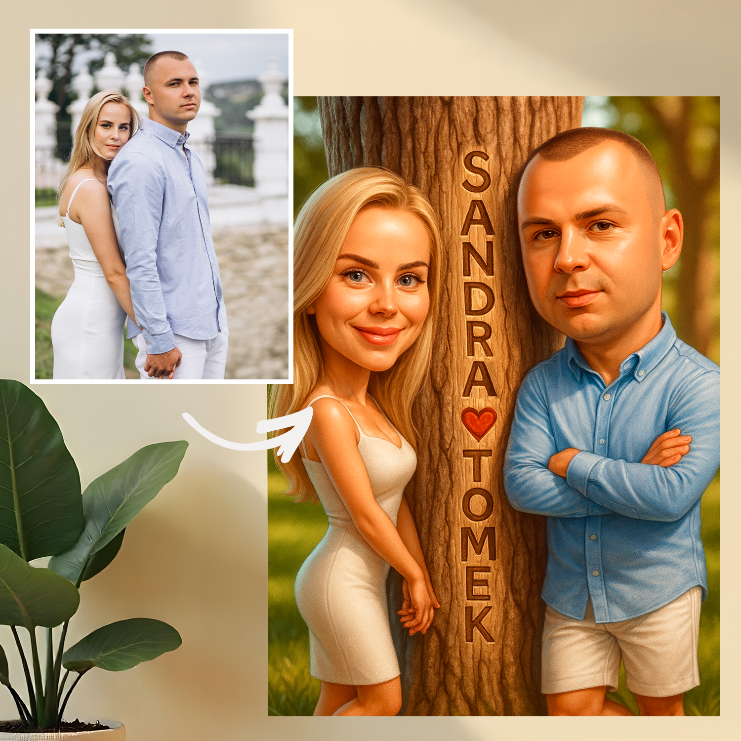 Karykatura + imiona pary - druk na szkle, portret z Twojego zdjęcia