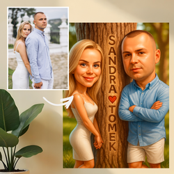 Image of Karykatura + imiona pary - druk na szkle, portret z Twojego zdjęcia