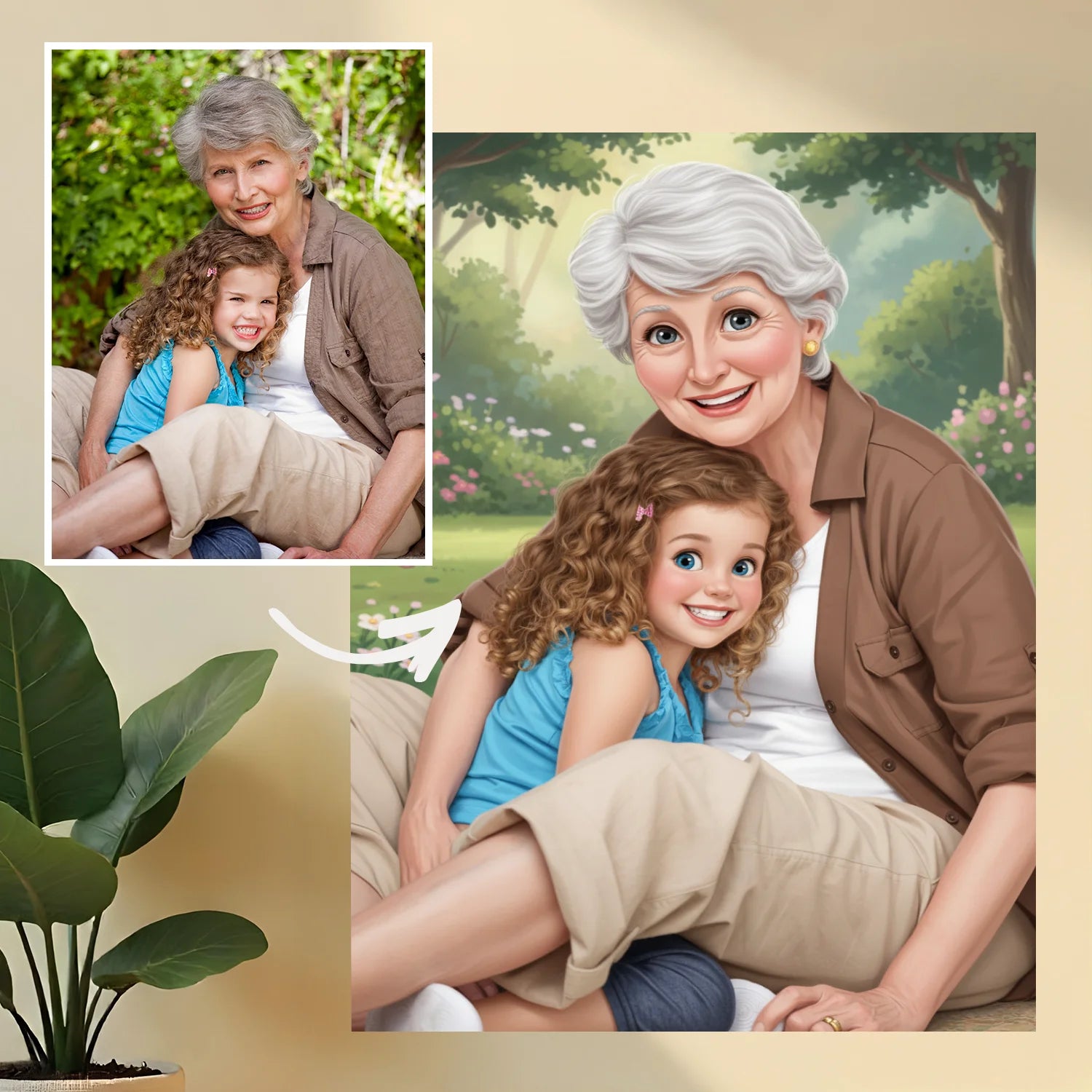 Image of Ilustrowany portret babci i wnuczki - druk na szkle, portret z Twojego zdjęcia