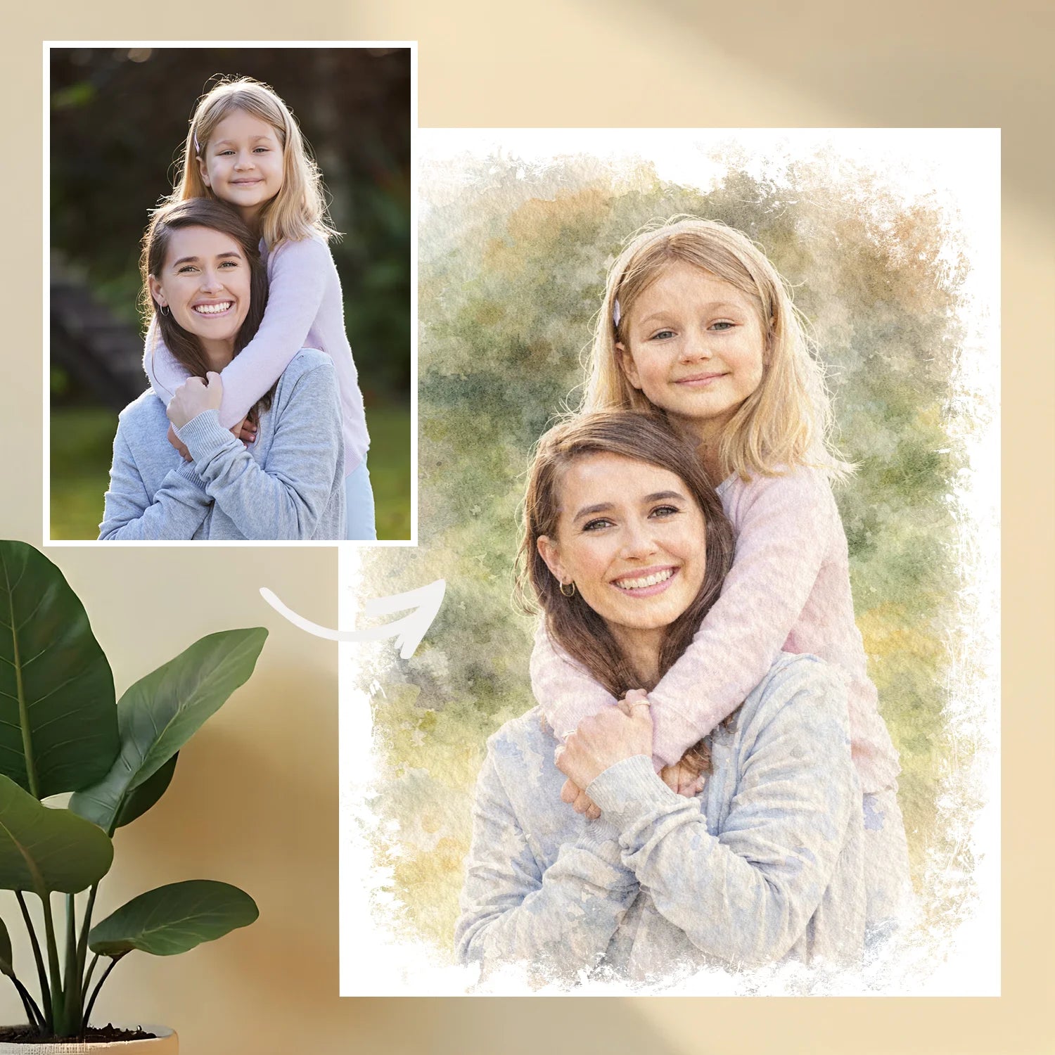 Image of Prezent dla mamy na Dzień Matki - portret ze zdjęcia na płótnie w akwarelowym stylu