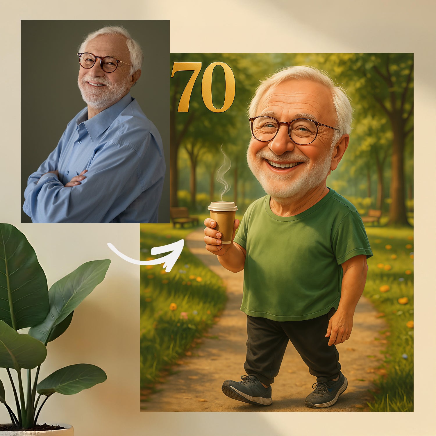 Karykatura z okazji 70. - druk na szkle, portret z Twojego zdjęcia