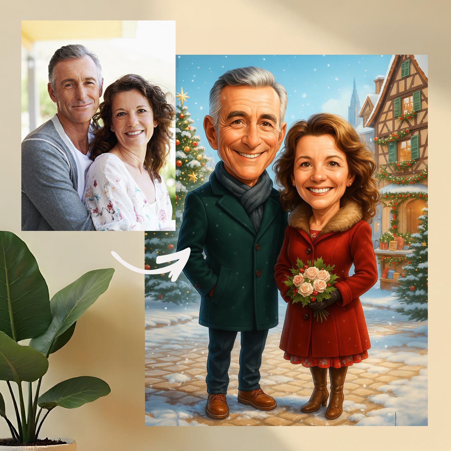 Image of Karykatura pary w zimowej scenerii - druk na szkle, portret z Twojego zdjęcia