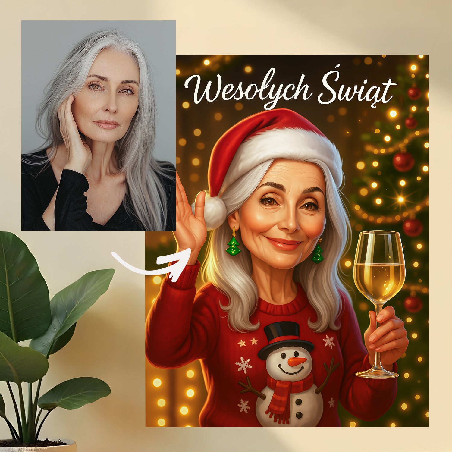 Image of Jej świąteczna ilustracja z życzeniami - druk na szkle, portret z Twojego zdjęcia