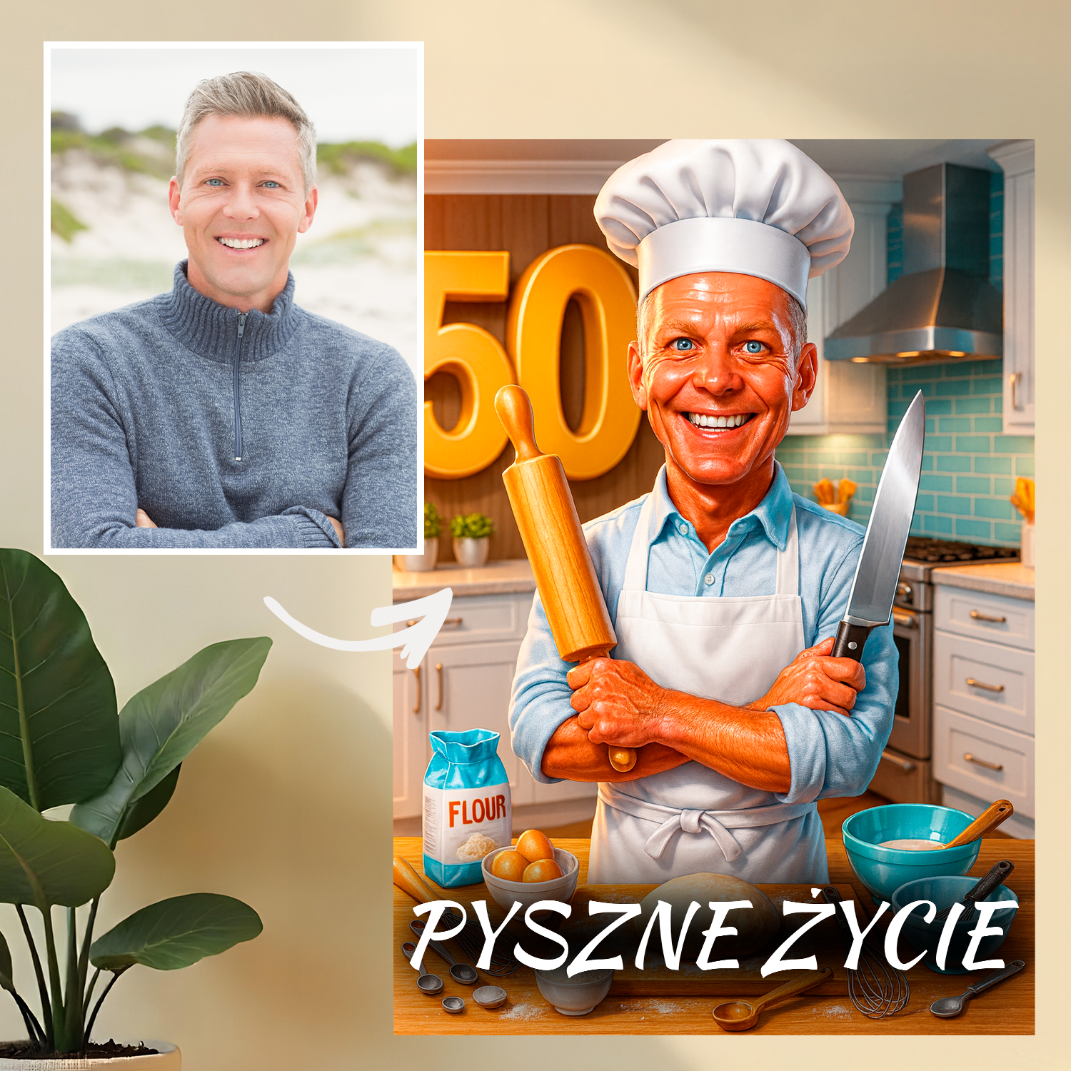 Portret kucharza na 50. - druk na szkle, portret z Twojego zdjęcia