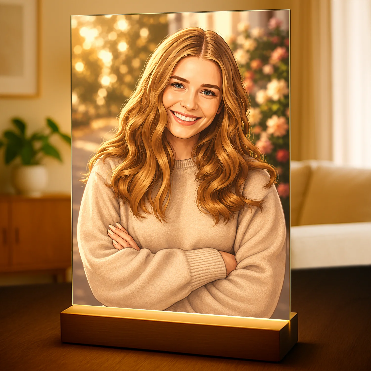 Image of Oryginalny prezent dla niej na urodziny – portret na szkle ze zdjęcia w stylu jak z kreskówki