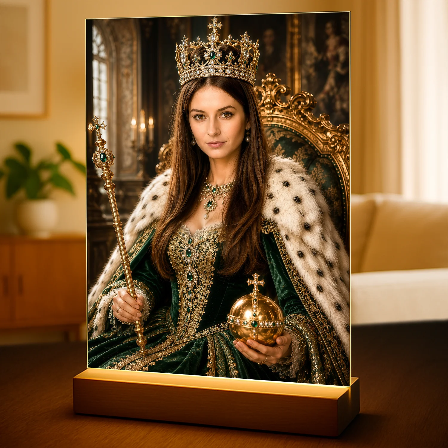 Image of Oryginalny prezent dla kobiety na urodziny – portret na szkle ze zdjęcia Królowa w koronie