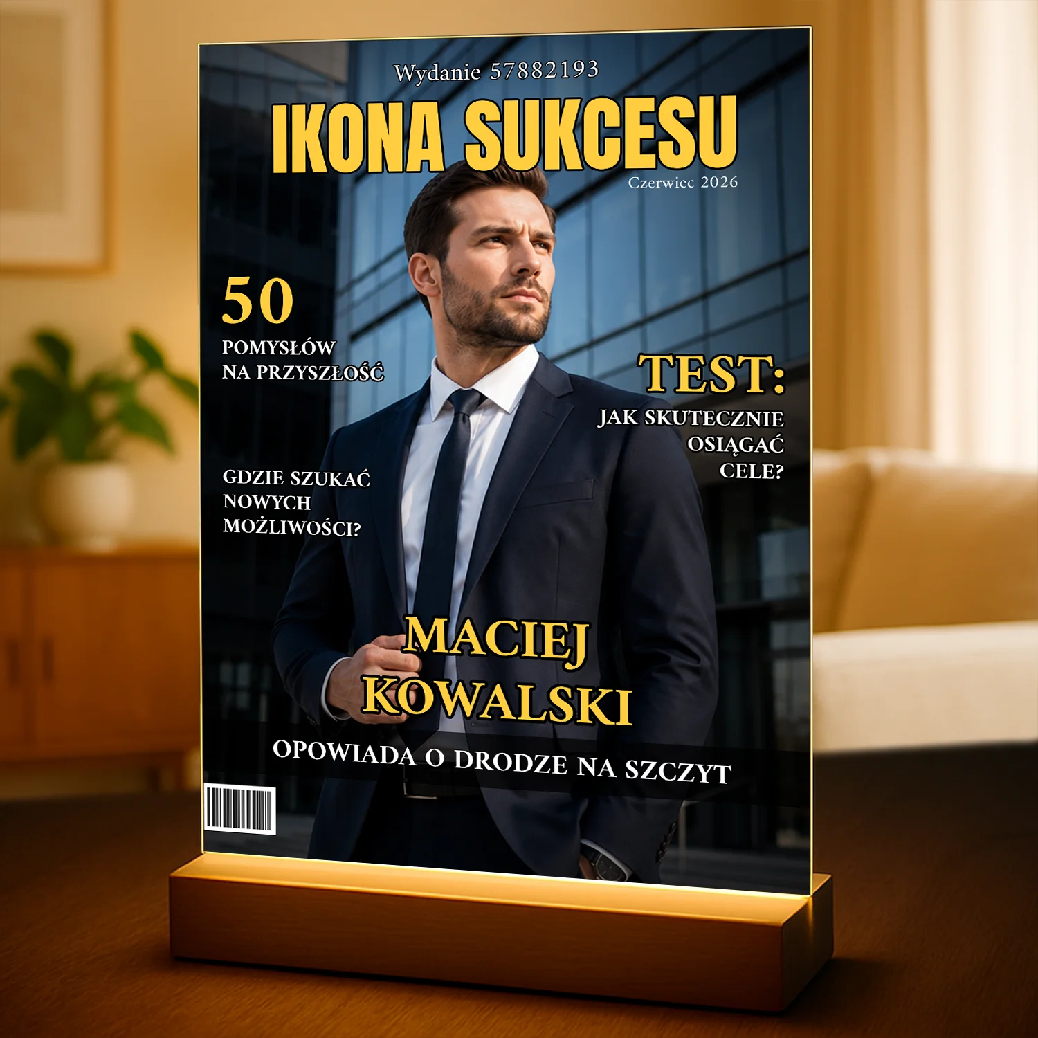 Image of Oryginalny prezent dla niego na urodziny – portret na szkle ze zdjęcia Okładka Człowieka Sukcesu