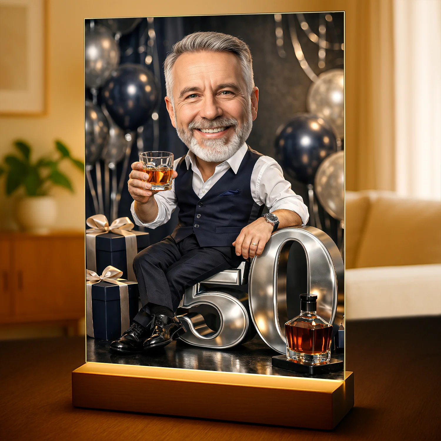 Image of Druk na szkle akrylowym dla mężczyzny na 50 urodziny ze zdjęcia, elegancki portret z cyfrą 50, balonami i prezentami