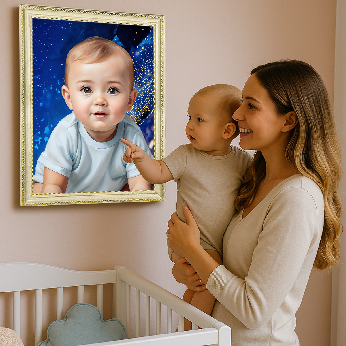 Portret dziecka na niebieskim tle - obraz na płótnie z Twojego zdjęcia