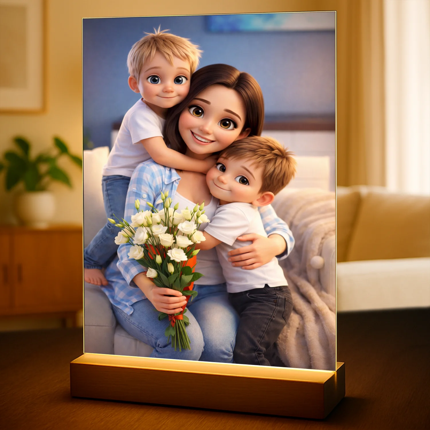 Image of Portret mamy i dzieci w bajkowym stylu - druk na szkle, personalizowany prezent na Dzień Matki