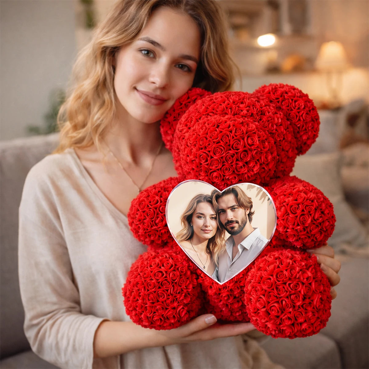 Image of Zakochana para - miś z róż z personalizowanym sercem