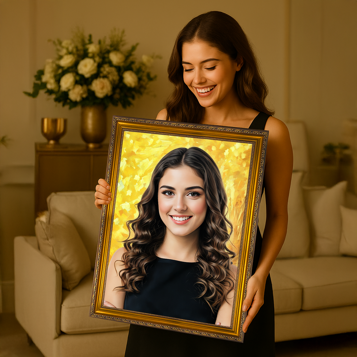 Image of Portret dziewczyny ze złotym tłem - obraz na płótnie z Twojego zdjęcia