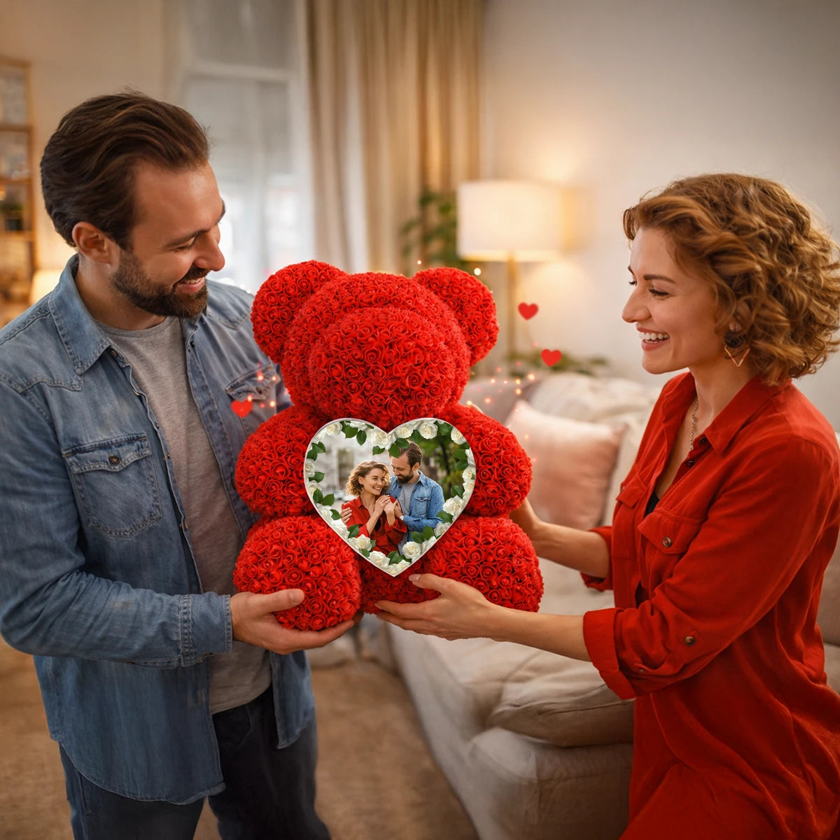 Image of Szczęśliwi zakochani - miś z róż z personalizowanym sercem