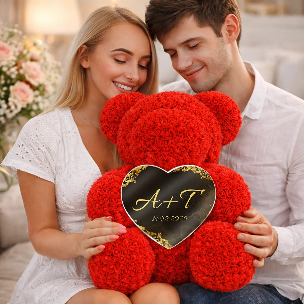 Image of Inicjały + data - miś z róż z personalizowanym sercem