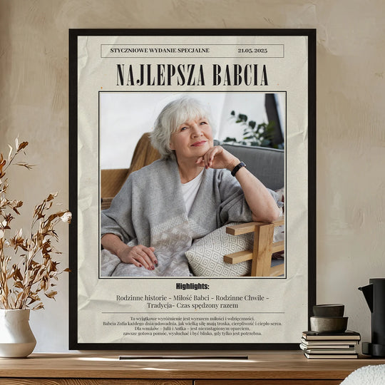 Babcia na okładce gazety - plakat z Twojego zdjęcia
