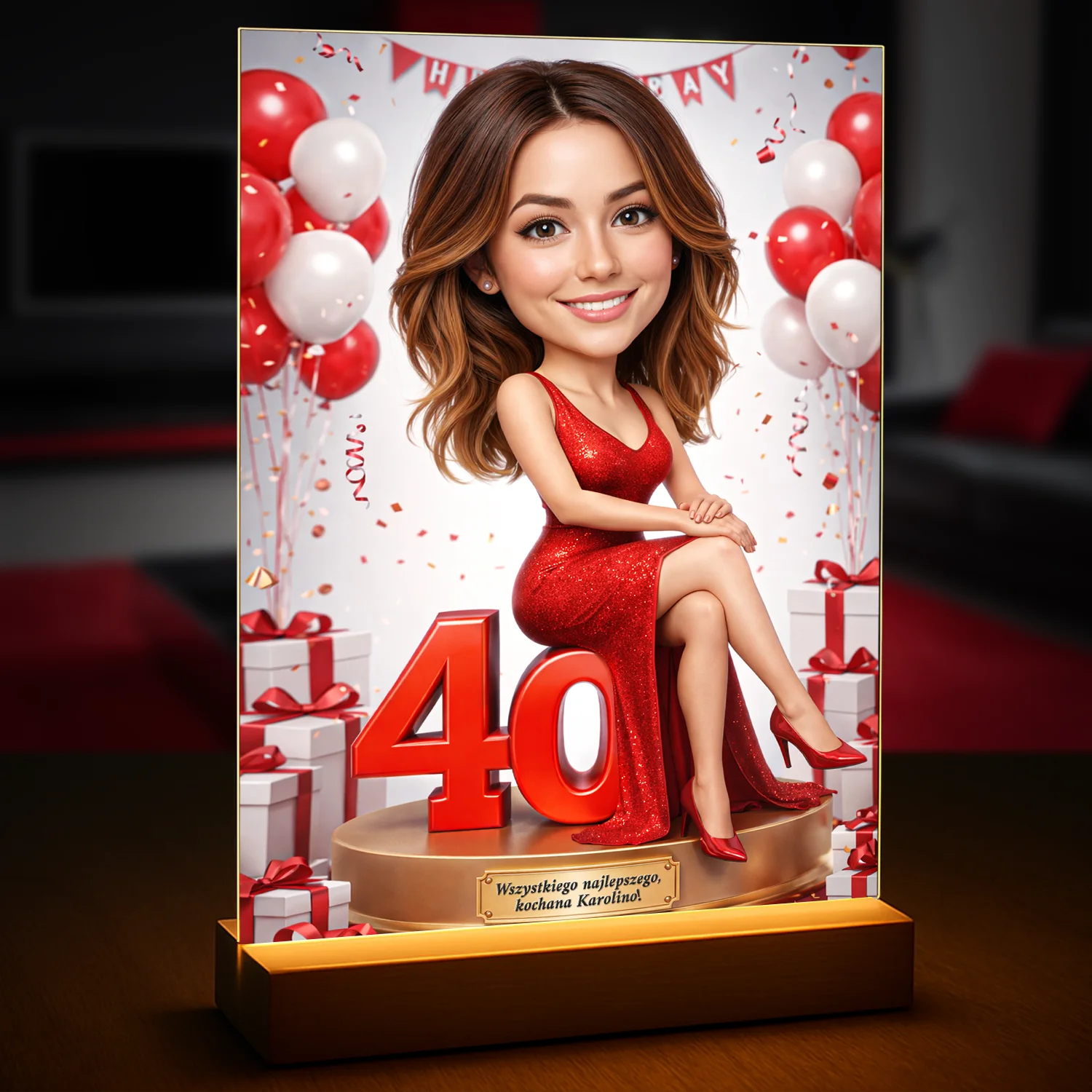 Image of Personalizowany portret kobiety na szkle akrylowym na 40 urodziny, czerwone tło, dekoracje, oryginalny prezent ze zdjęcia