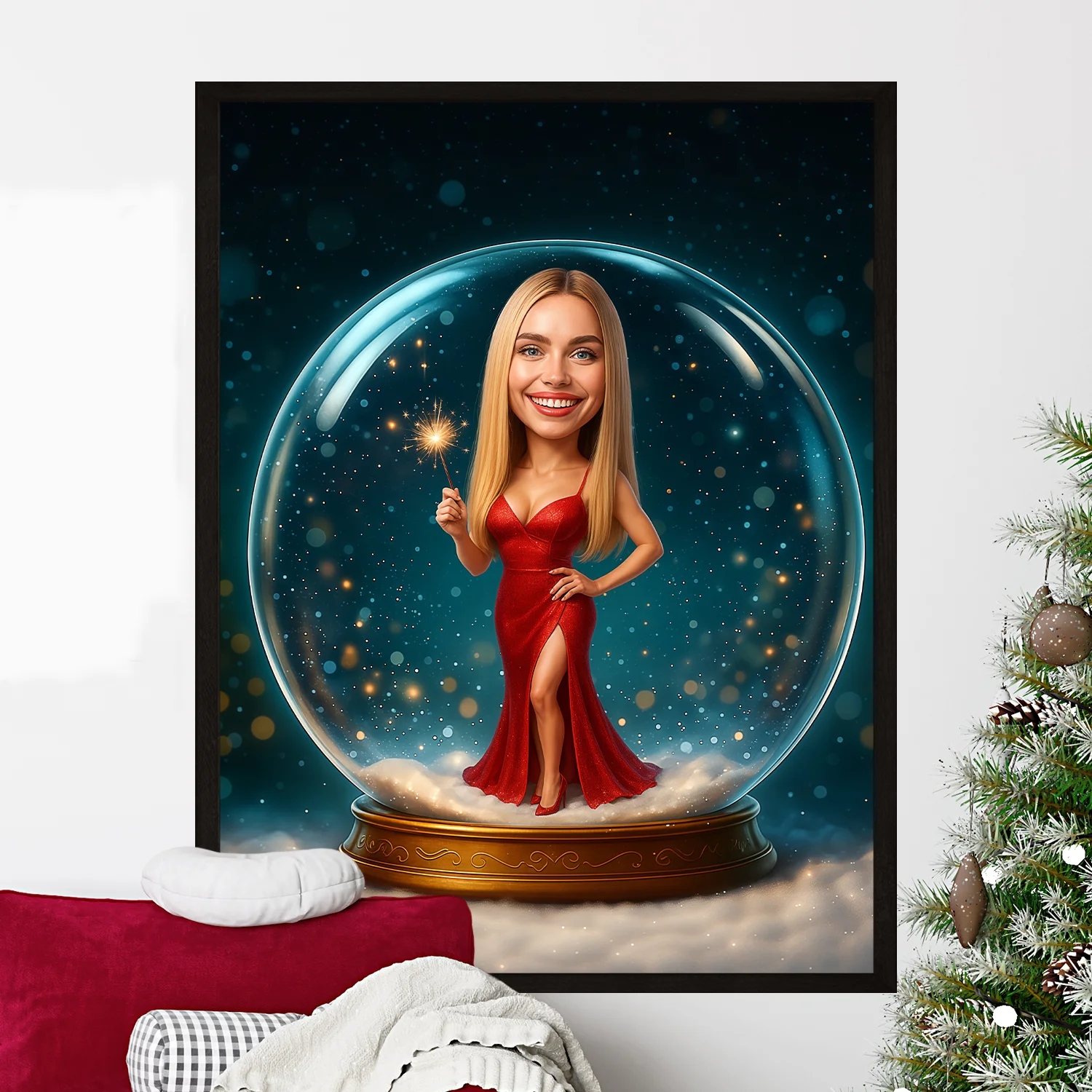 Image of Personalizowany plakat kobiety w czerwonej sukni, magiczna kula śnieżna i zimowe tło w bajkowym stylu