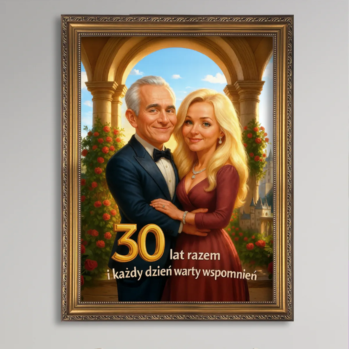 Image of Portret pary na rocznicę – elegancka para obejmująca się, napis „30 lat razem”, obraz w ozdobnej ramie na ścianie
