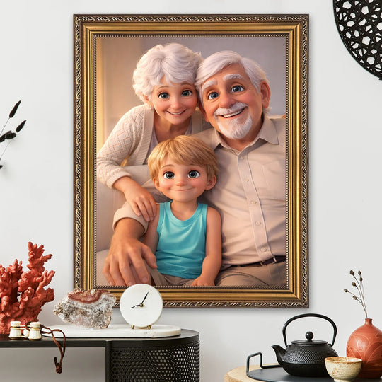 Ilustracja dziadków w stylu bajkowym - obraz na płótnie, personalizowany prezent na Dzień Babci i Dziadka