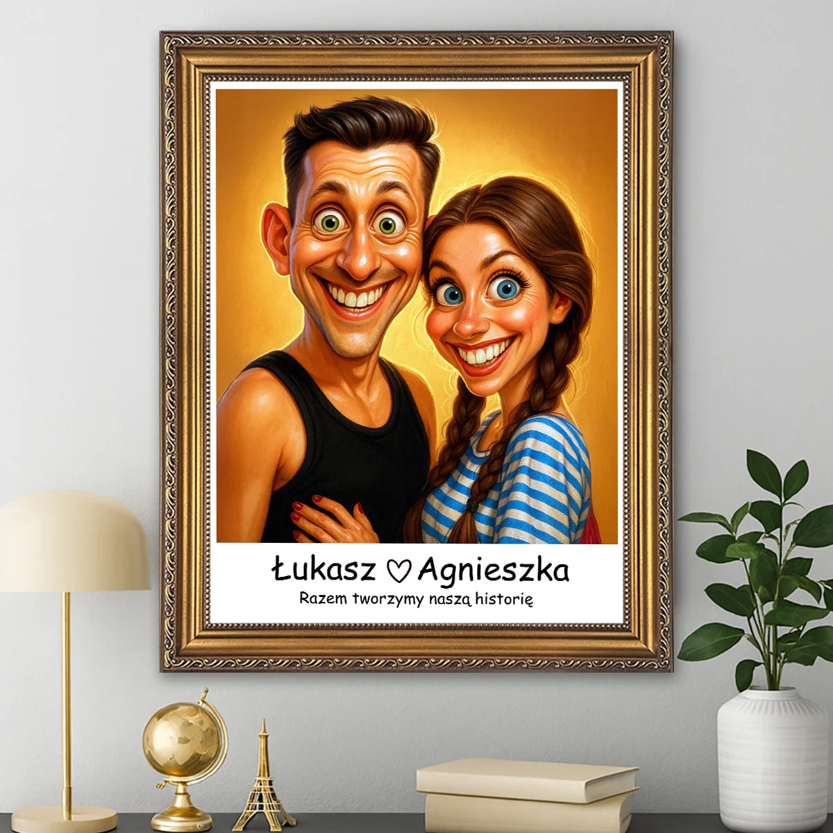 Image of Karykatura zakochanej pary na płótnie z imionami i dedykacją – personalizowany portret ze zdjęcia, romantyczny prezent dla dwojga.
