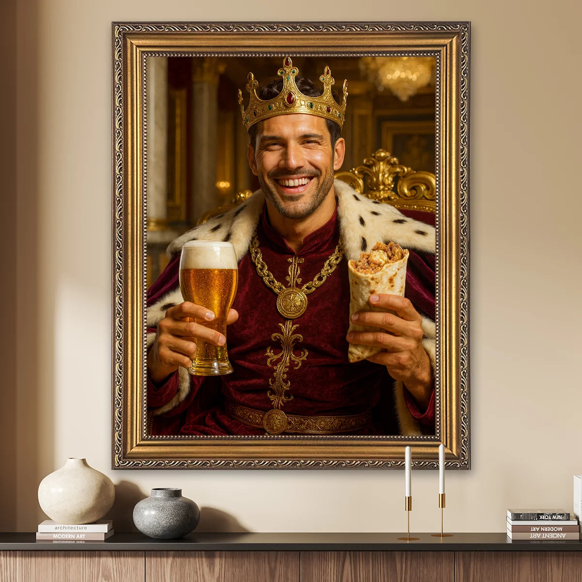 Image of Portret na płótnie – mężczyzna jako król z kuflem piwa i kebabem, personalizowany obraz ze zdjęcia, zabawny prezent dla niego.
