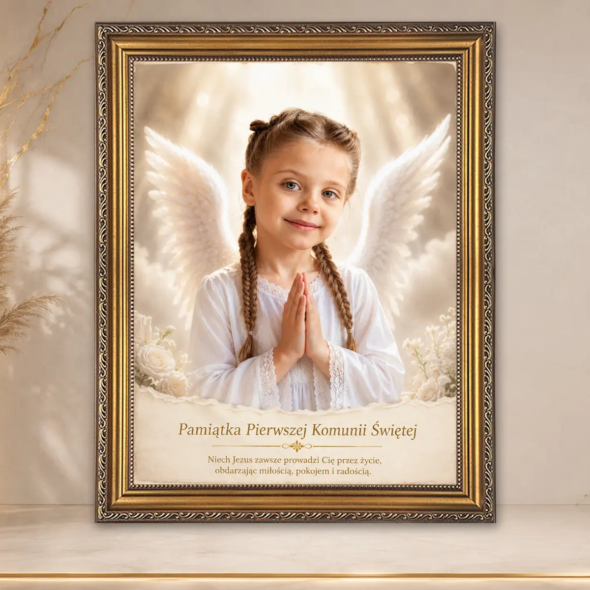 Image of Personalizowany portret aniołka ze zdjęcia na Pierwszą Komunię Świętą dla dziewczynki – obraz z dedykacją
