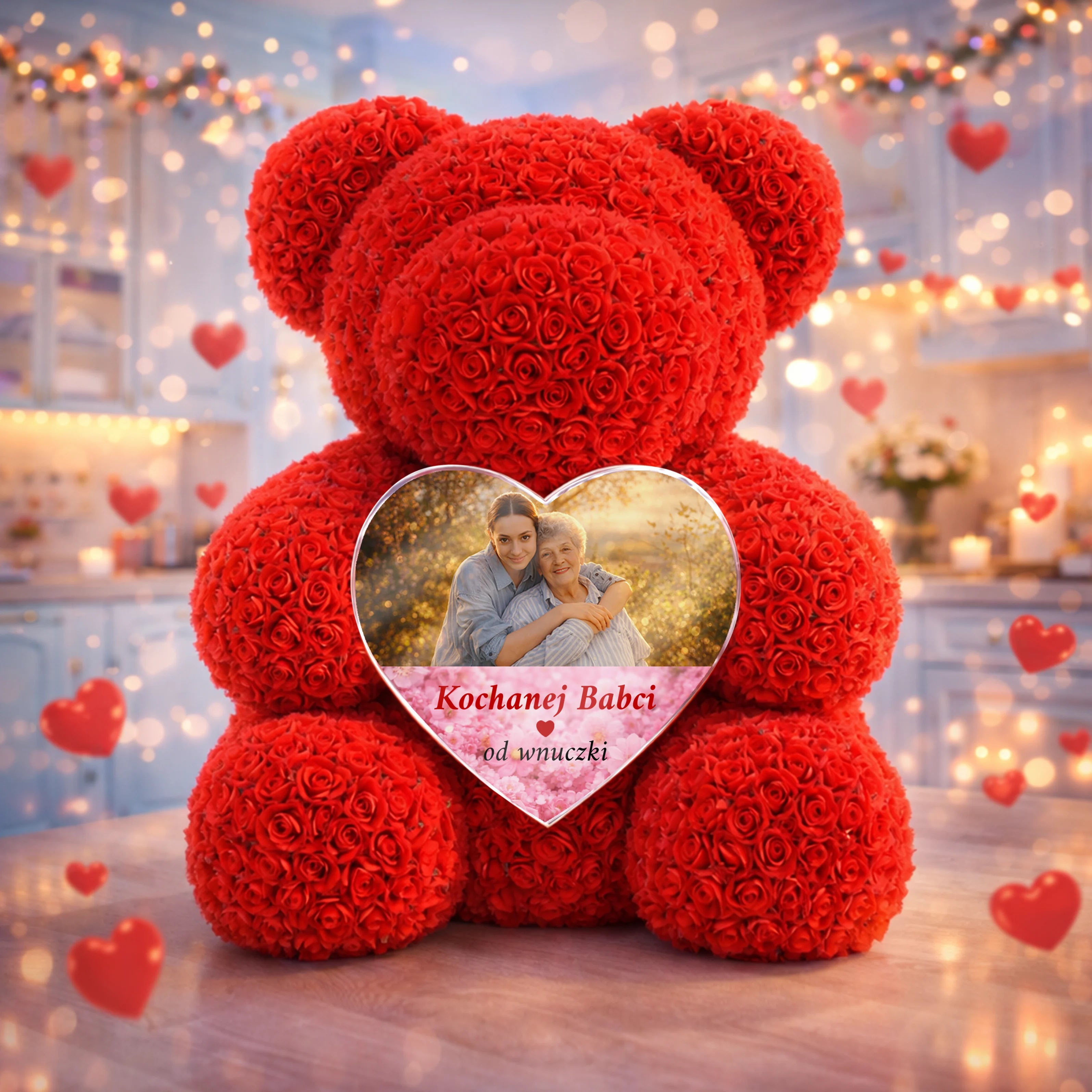 Image of Personalizowany miś z czerwonych wiecznych róż ze zdjęciem babci w sercu, wyjątkowy prezent od wnuczki