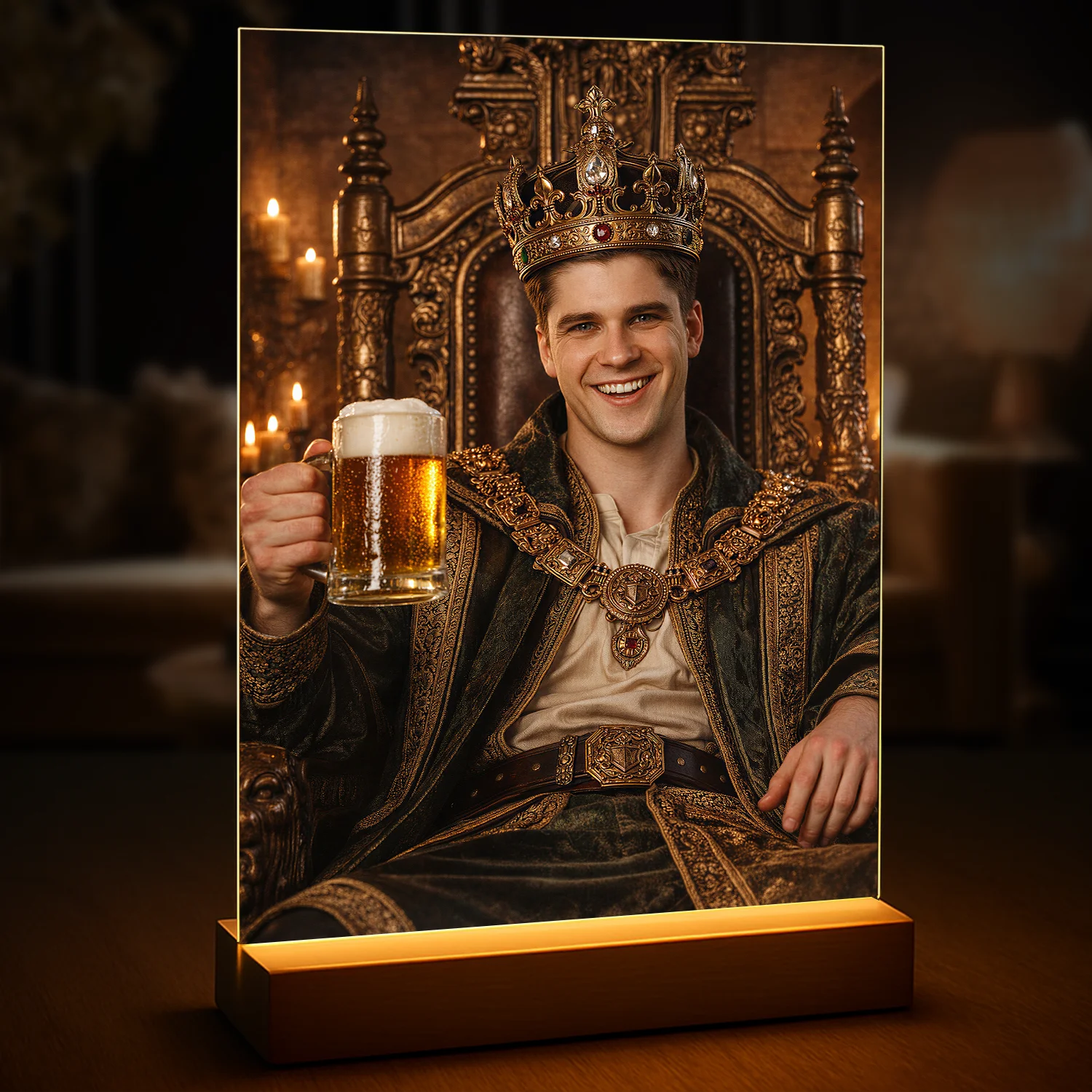 Image of Portret mężczyzny na szkle akrylowym w stylu królewskim, z koroną i kuflem piwa, personalizowany druk ze zdjęcia, prezent dla niego