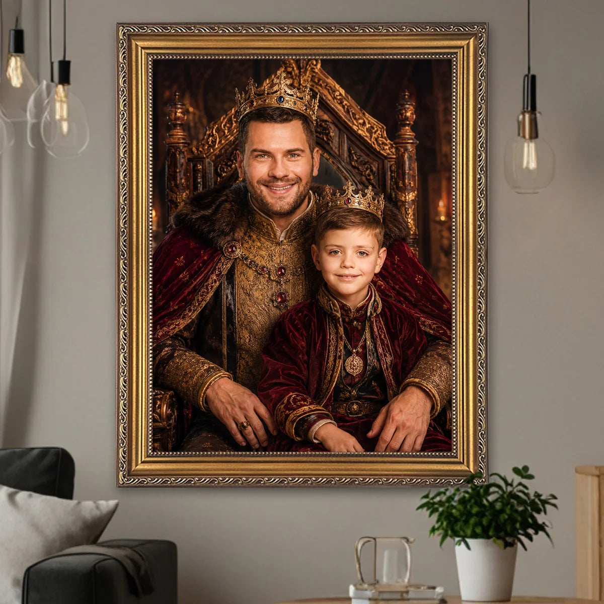 Image of Personalizowany obraz ojca i syna w królewskich strojach na tronie – prezent ze zdjęcia na płótnie wymalujchwile.pl