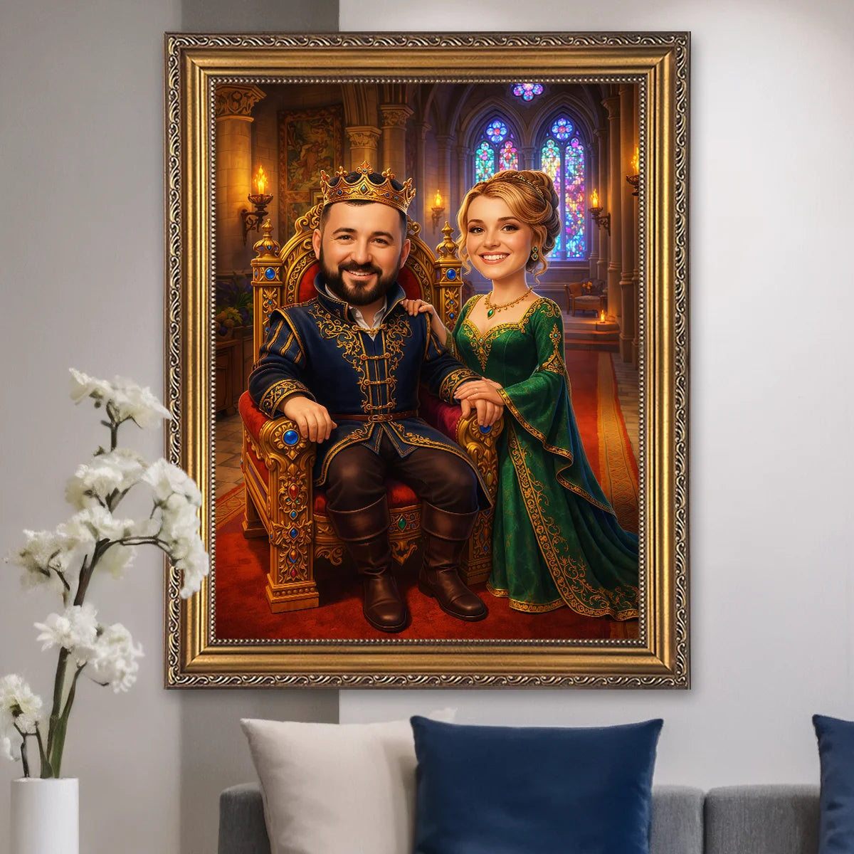 Image of Personalizowany portret pary jako król i królowa na płótnie, obraz ze zdjęcia w stylu królewskim w eleganckim wnętrzu pałacu