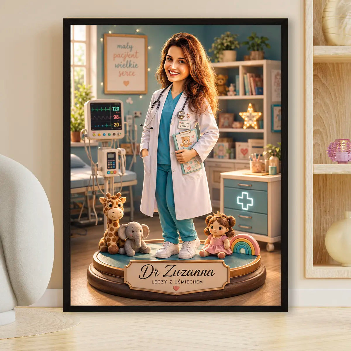 Image of Personalizowany plakat dla lekarki ze zdjęcia w stylizowanym gabinecie medycznym z imieniem i dedykacją.