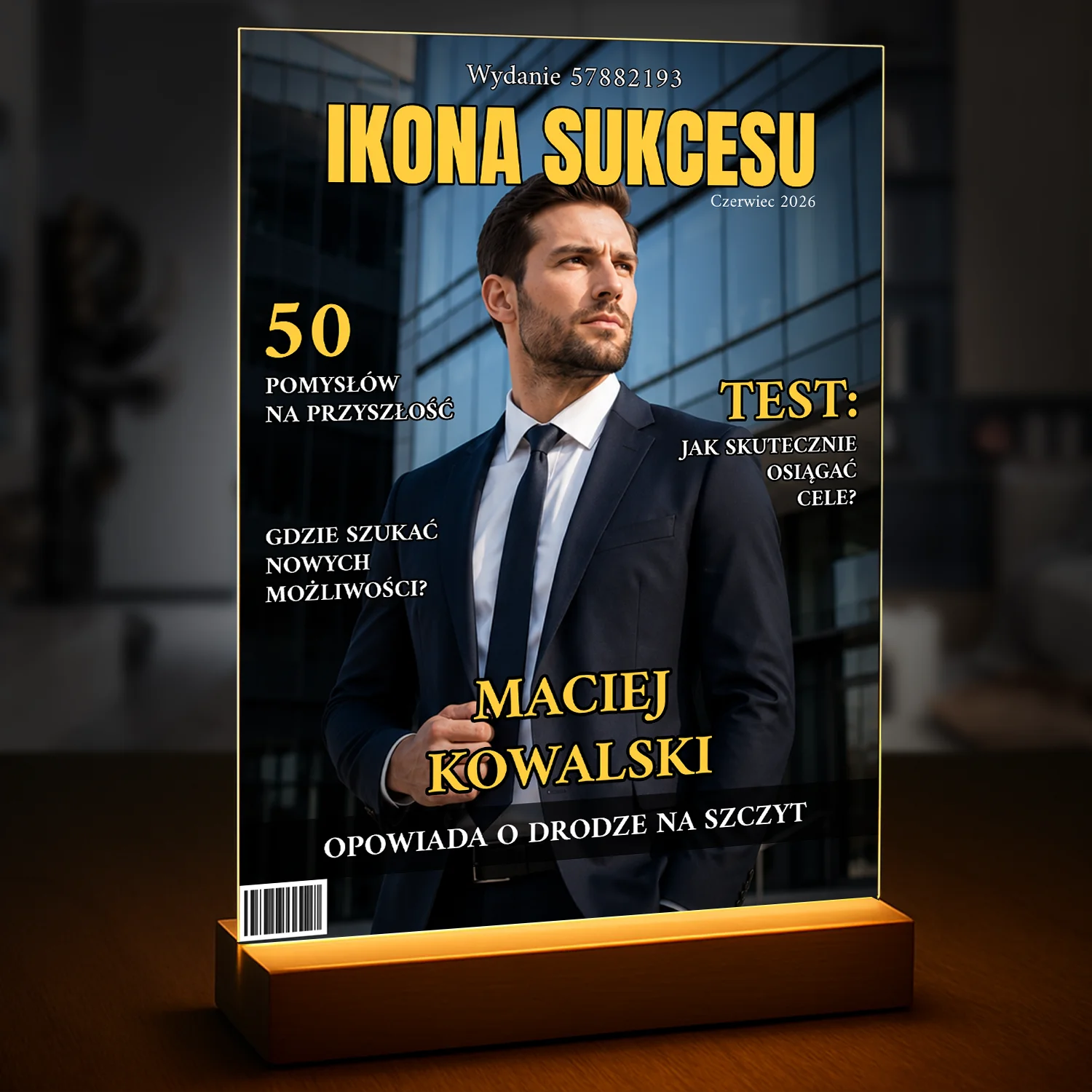 Image of Personalizowany portret na szkle w stylu okładki magazynu biznesowego dla mężczyzny ze zdjęcia