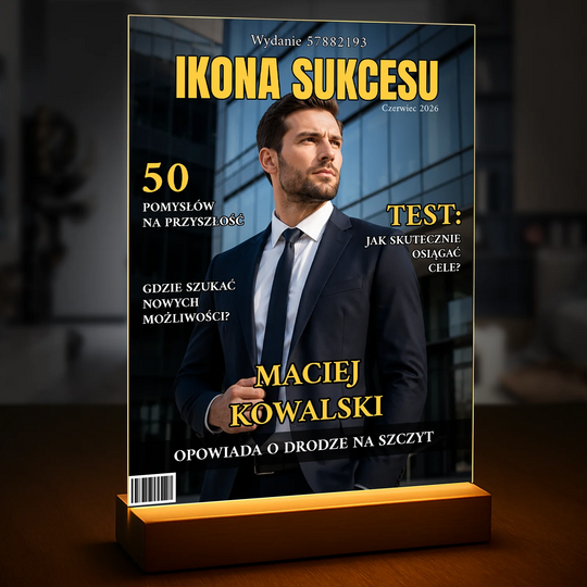 Oryginalny prezent dla niego na urodziny – portret na szkle ze zdjęcia Okładka Człowieka Sukcesu