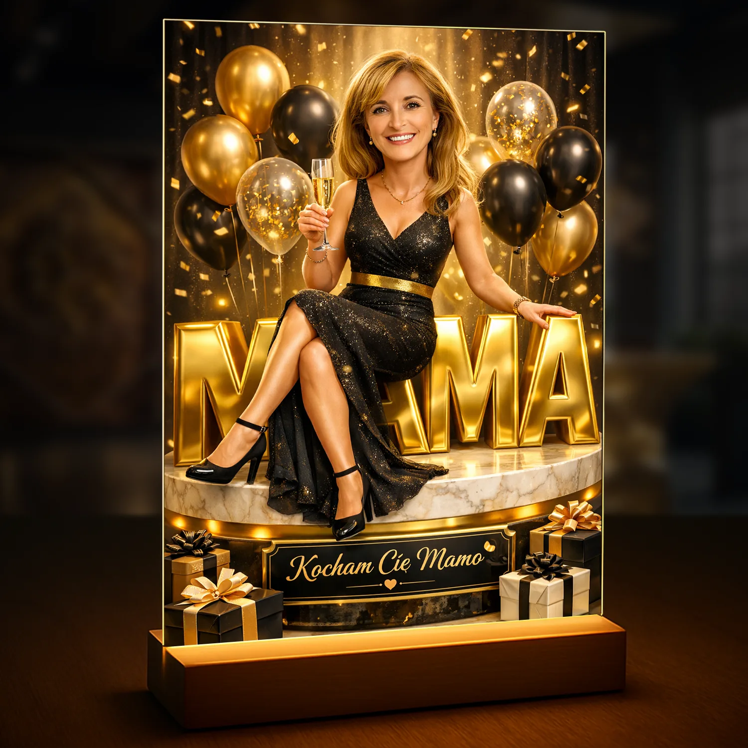 Image of Personalizowany druk na szkle akrylowym dla mamy, portret ze zdjęcia w stylu glamour ze złotymi balonami i napisem MAMA